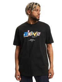 Black cotton t-shirt with a graphic design featuring "BKLYN" in colorful letters. Short sleeves, relaxed fit, crew neck, minimal texture.