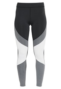 Leggings sportivi neri, grigi e bianchi, con una texture liscia, caratterizzati da un design a blocchi di colore e una cintura elastica.