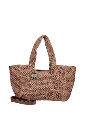Braune gewebte Handtasche mit drei Blumenverzierungen auf der Vorderseite, zwei stabilen Griffen, einem kleinen Elefantenanhänger und einem abnehmbaren Schulterriemen.