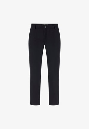 Melni, pielāgoti bikses, izgatavotas no gludas audumu. Iespējojiet ar rāvējslēdzēja aizdari, vienu pogu un divām priekšējām kabatām. Slim fit dizains.