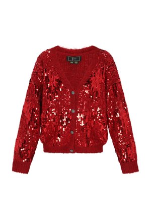 Roter Cardigan mit V-Ausschnitt, verziert mit Pailletten, mit einer samtigen Textur, langen Ärmeln und drei dekorativen Knöpfen auf der Vorderseite.