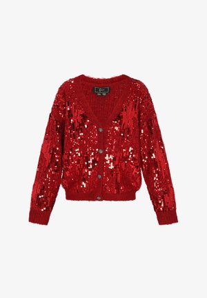 Red cardigan with a V-neck, decorated with sequins, featuring a fuzzy texture, long sleeves, and three decorative buttons at the front.