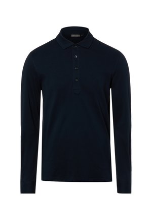 Schwarzes Herren-Poloshirt mit langen Ärmeln, drei schwarzen Knöpfen und umgeklapptem Kragen vor weißem Hintergrund.