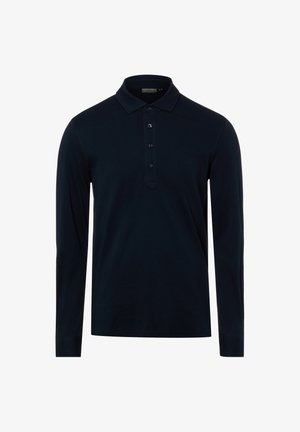 Schwarzes Herren-Poloshirt mit langen Ärmeln, drei schwarzen Knöpfen und umgeklapptem Kragen vor weißem Hintergrund.
