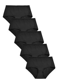 Pięć par czarnych bawełnianych majtek typu brief. Każda para ma elastyczny pas i prosty design bez widocznych wzorów lub ozdób.
