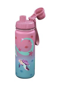 Rosa und blaue Metallwasserflasche mit bunten Designs von Meeresschildkröten und Fischen, strukturiertem Griff und einem rosa Deckel mit einem Trageband.