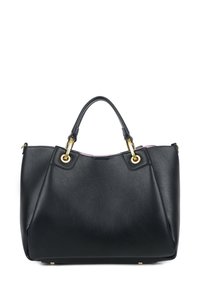 Borsa a mano nera in pelle con finitura texture, dettagli in metallo dorato, doppi manici superiori e un design spazioso con apertura in alto.