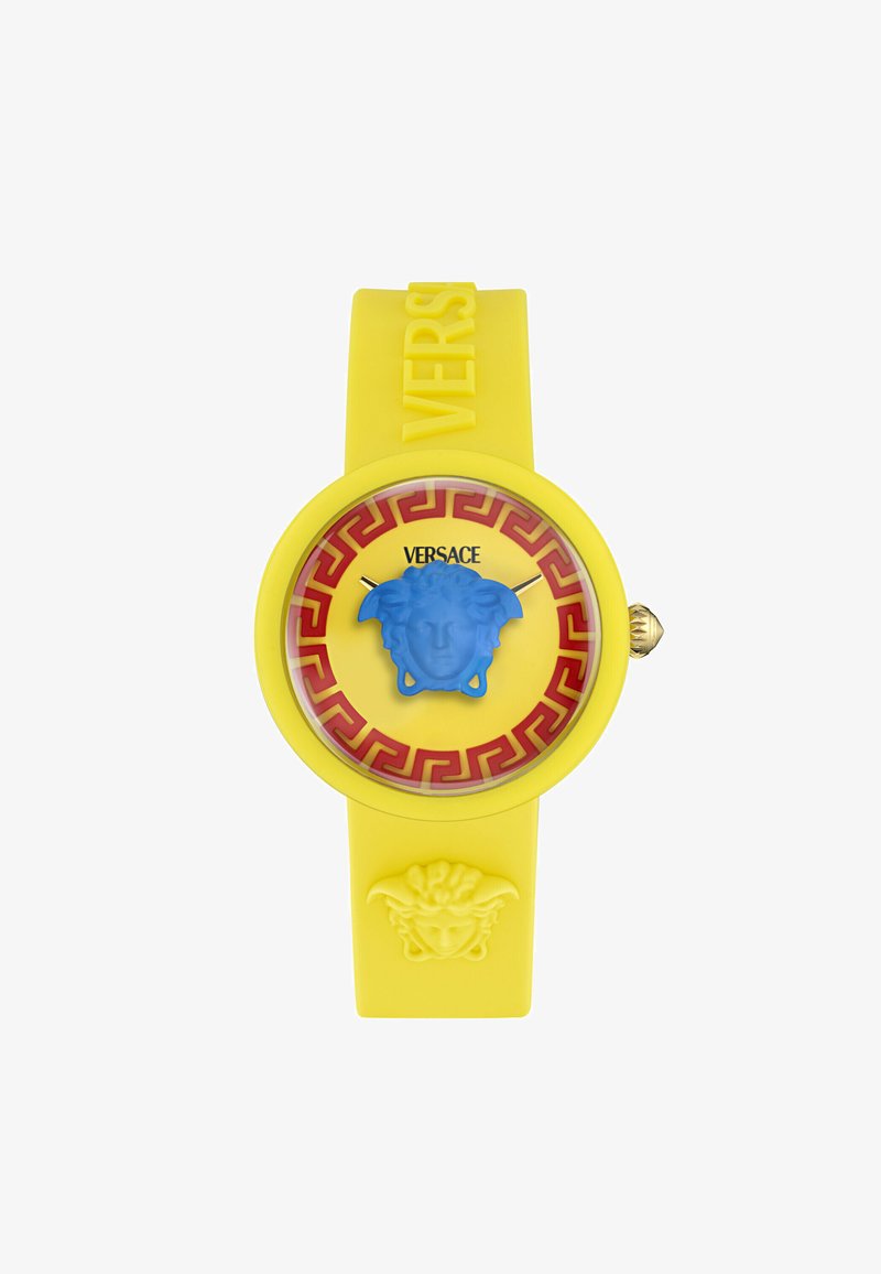 Gelbes Versace-Armbanduhr mit rotem griechischem Schlüssel-Muster, blauer Medusa-Kopf auf dem Ziffernblatt und geprägter Medusa auf dem Armband.