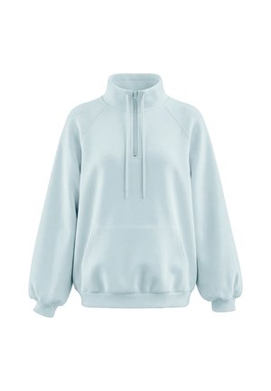 Lyseblå pullover sweatshirt med halv lynlås i kraven, front kangaroo lomme, lange ærmer og elastiske manchetter og kant.
