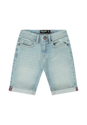 Lichtblauwe denim shorts met een rechte pasvorm, opgerolde zoom en subtiele branding. Voorzien van steekzakken aan de voorkant en een knoopsluiting.