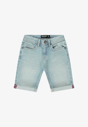 Lichtblauwe denim shorts met een rechte pasvorm, opgerolde zoom en subtiele branding. Voorzien van steekzakken aan de voorkant en een knoopsluiting.