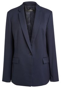 Marineblazer aus glattem Stoff, mit einem einzelnen Knopf, scharfen Revers und zwei vorderen Taschen; das Innenfutter hat ein gepunktetes Muster.