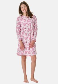 Pink long-sleeve nightgown featuring a heart pattern, made of soft fabric, with a relaxed fit and a round neckline.