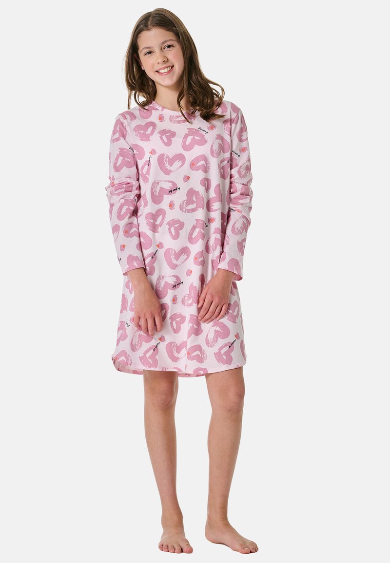 Pink long-sleeve nightgown featuring a heart pattern, made of soft fabric, with a relaxed fit and a round neckline.