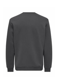 Tamsiai pilkas džemperis su apvalia iškirpte, ilgomis rankovėmis, ribinėmis rankogaliais ir tiesia apačia. Pagamintas iš minkštos, tekstūruotos medžiagos. Grafikos nematyti.