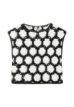 Czarny szydełkowy krótki top z białymi kwiatowymi wzorami i okrągłym dekoltem z małym guzikiem z tyłu.