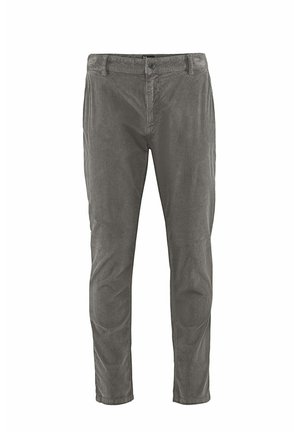 Grijze corduroy broek met riemlussen, knoopsluiting en rechte pijpen getoond tegen een witte achtergrond.