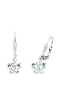 Pendientes de mariposa de plata con acentos de turquesa, que presentan un diseño de palanca y detalles intrincados en corte en las alas.