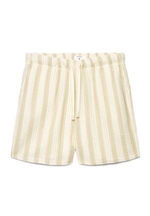 Pantaloncini a maglia a righe verticali beige e crema con vita elastica e coulisse, taglia grande.