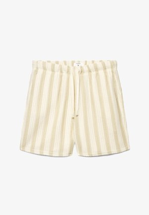 Pantaloncini a maglia a righe verticali beige e crema con vita elastica e coulisse, taglia grande.
