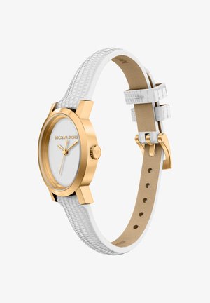 Armbanduhr in Goldoptik mit rundem weißem Zifferblatt. Verfügt über ein weiß texturiertes Lederarmband, goldene Beschläge und abgerundete Bandanstöße für sicheren Sitz.