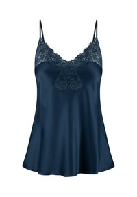 Mørkeblå satin camisole med broderet kant langsudskæringen og justerbare spaghetti-stropper, med en let udvidet bund for bedre bevægelsesfrihed.