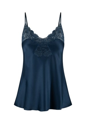 Mørkeblå satin camisole med broderet kant langsudskæringen og justerbare spaghetti-stropper, med en let udvidet bund for bedre bevægelsesfrihed.