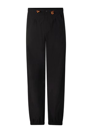 Czarne casualowe spodnie z elastycznymi mankietami i regulowanym paskiem z pomarańczowymi pętelkami na sznurek.