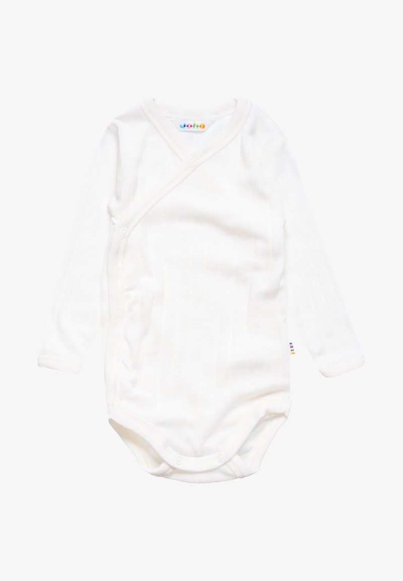 Fehér, hosszú ujjú body, puha anyagból, átlapolt kialakítással. Nyomógombos záródással és strukturált bordázással rendelkezik. Többszínes címkét tartalmaz.