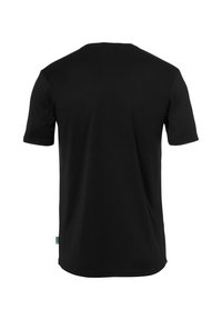 Zwarte t-shirt met korte mouwen gemaakt van gladde stof. Achteraan is een klassieke ronde hals en een rechte zoom zichtbaar. Zijkantlabel zichtbaar.