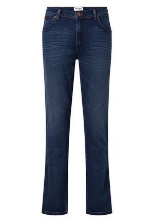 Jeans din denim de culoare albastră închisă, cu un design drept, prezentând un stil clasic cu cinci buzunare, cusături în contrast și o etichetă cu logo pe talie.