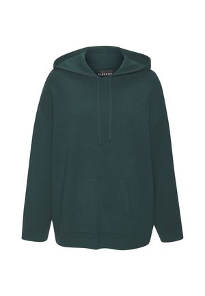 Dark green hoodie made of soft fabric, featuring a kangaroo pocket, adjustable drawstring, and a relaxed fit with wide long sleeves.