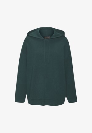 Dunkelgrüner Hoodie aus weichem Material, mit einer Kängurutasche, verstellbarem Kordelzug und einem lässigen Schnitt mit weiten langen Ärmeln.
