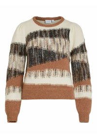 Gestrickter Pullover mit Streifen in Creme, Braun und Schwarz. Runder Hals, gerippter Saum und Bündchen, mit strukturierten Mustern im Garn.