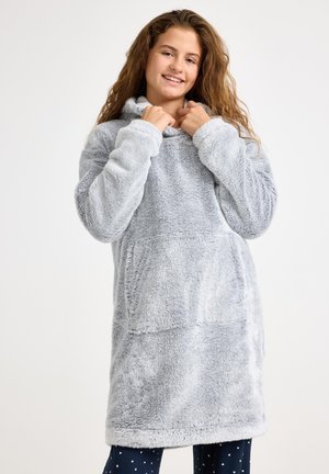 Light gray, plush fleece oversized hoodie with a high collar and front pocket, featuring soft, textured fabric and long sleeves.