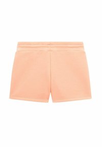 Shorts en coton couleur pêche avec une texture lisse, présentant un design simple, une taille élastique et des surpiqûres doubles le long de l'ourlet.