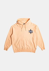 Sudadera melocotón con bolsillo frontal, capucha con cordón y logotipo gráfico en negro/azul en el lado izquierdo del pecho. Tejido suave y puños de canalé.