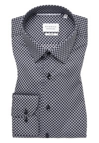Marineblauwe slim fit overhemd met een wit diamantpatroon, voorzien van een stijve kraag, ronde manchetten en zwarte knopen. Gemaakt van dynamisch katoen.