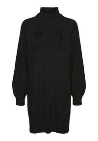 Μαύρο πλεκτό φόρεμα με υψηλό ριχτό γιακά, ραγκλάν μανίκια και υφή. Άνετη εφαρμογή με μανίκια που φοριούνται με καουτσούκ και ίσιο στρίφωμα.