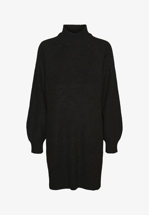 Mustmust dress musta kõrge ribiga kaelusega, raglan varrukad ja tekstuuriga kangas. Lõdva lõikega, mansettidega varrukad ja sirge serv.