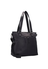 Musta nahkainen käsilaukku, jossa on kaksi olkahihnaa ja säädettävä ristiin kulkeva hihna. Mukana etupuolen vetoketjulliset taskut ja sileä pinta.