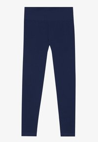 Jūras zila legingi, kas izgatavoti no elastīga auduma, ar plašu jostu un gludu tekstūru, bez redzamām apdrukām vai rotājumiem.