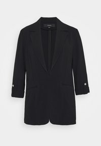 Zwarte blazer van gladde stof, met een notch revers, 3/4 mouwen, voorzakken en metalen knoopaccenten op de mouwen.