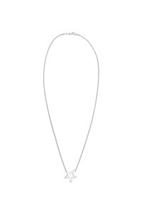Silberne Metallkette mit einer zarten Kette und einem sternförmigen Anhänger mit ausgeschnittenem Design. Die Oberfläche ist glatt und poliert.
