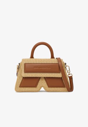 Geantă dreptunghiulară țesută bej cu accente din piele maro, mâner superior și curea de umăr detașabilă, având logo-ul „KARL LAGERFELD” embosat.