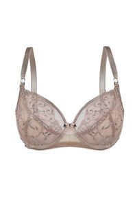 Koronkowy biustonosz w jasnym beżu z kwiatowym wzorem i metalicznymi akcentami. Posiada gładkie miseczki, regulowane ramiączka oraz mały detal w postaci kokardy na środku.