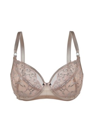 Koronkowy biustonosz w jasnym beżu z kwiatowym wzorem i metalicznymi akcentami. Posiada gładkie miseczki, regulowane ramiączka oraz mały detal w postaci kokardy na środku.