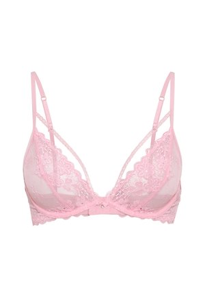 Ροζ σουτιέν από δαντέλα με διάφανα πάνελ, διακοσμητικό κορδόνι με λουλουδένιο μοτίβο, ρυθμιζόμενους ιμάντες και κλείσιμο με αγκράφα στο πίσω μέρος.
