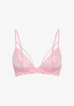 Rózsaszín csipkés bralette áttetsző betétekkel, virágos csipke szegéllyel, állítható pántokkal és hátul horgos-záródással.