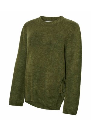 Roheline kootud kampsun, millel on ümara kaelusega, pikad varrukad, soonikserv ning küljele seotud detail. Valmistatud tekstuurse lõngaga.